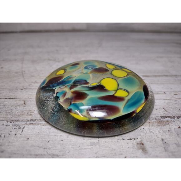 Bedrock Industries Recycled Glass Round Flat Paperweight Spots Yellow Brown Blue - Picture 6 of 9